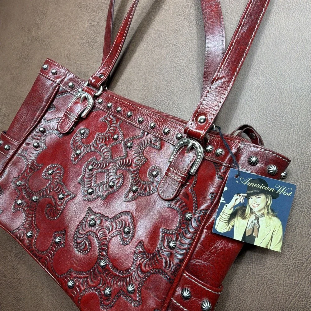 Vintage AMERICAN WEST Shoulder Bag STUDDED Rich Burgundy Red Leather Purse New!!